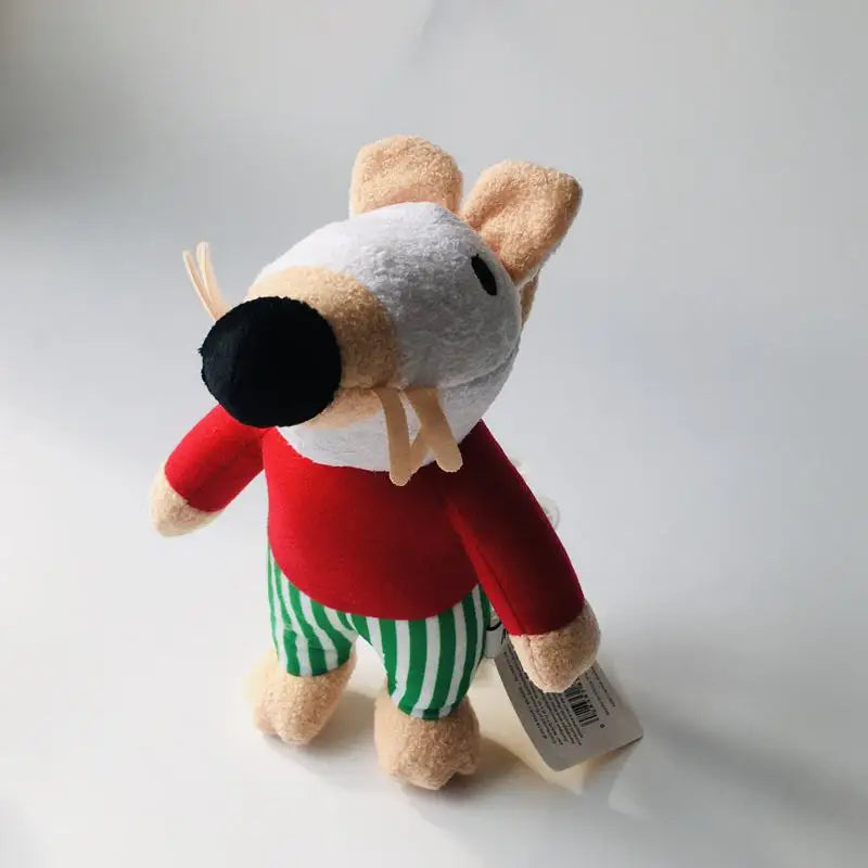 A small maisy mouse toys, dog wearing a red long-sleeve shirt and green-and-white striped pants, standing on a plain light background with a hangtag attached.