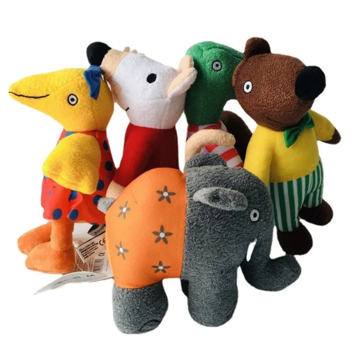 A group of five maisy mouse toys animal toys, including a yellow bird, a white dog, a green bird, a brown bear, and an orange and gray elephant, arranged together on a plain white background.