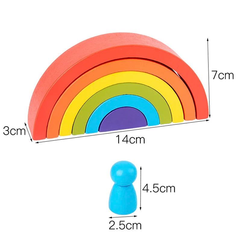 Colorful wooden rainbow toy with measurements on a white background