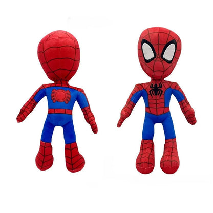 Plush toy resembling a superhero character with red and blue costume on a white background