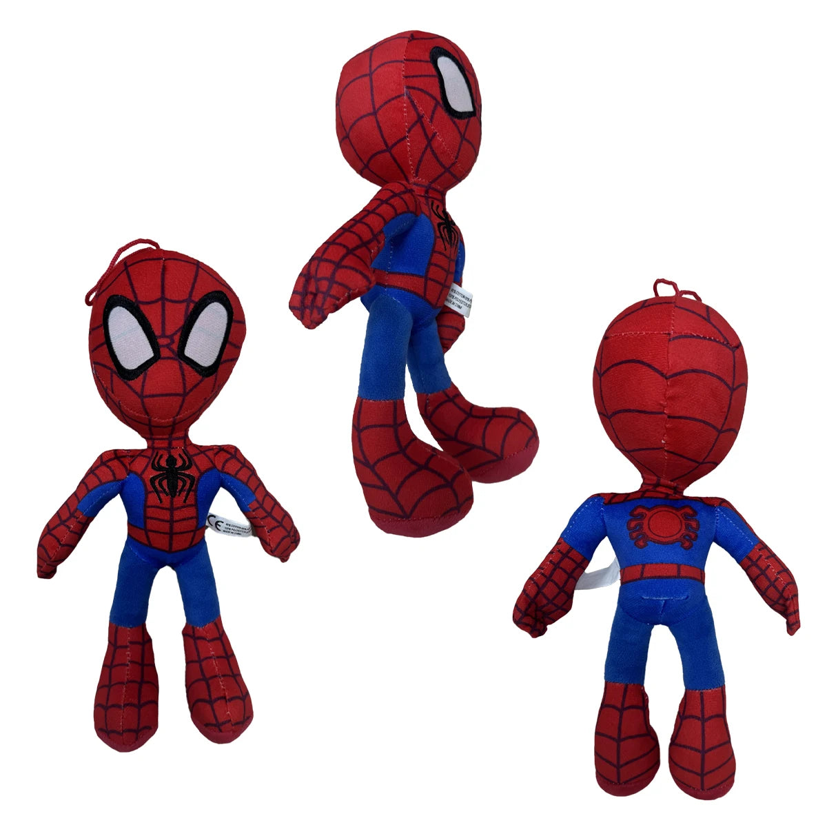 Three spider-themed plush toys on a white background