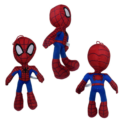 Three spider-themed plush toys on a white background