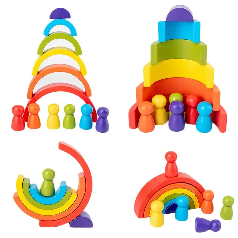 Set of colorful toys, 
including a rainbow stacker and people figures on a white background