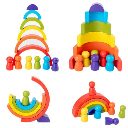 Set of colorful toys, 
including a rainbow stacker and people figures on a white background